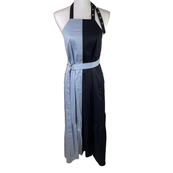 TIBI Two-Tone Blue Halter Belted Midi Dress Pockets 100% Cotton Sz 2